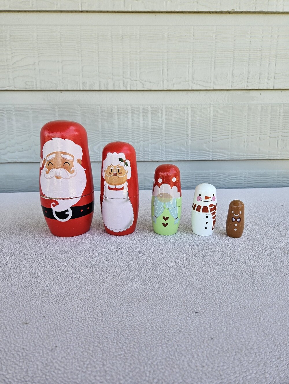 Hand Painted Christmas Nesting Doll Set of 5 Santa Claus Mrs. Elf Snowman
